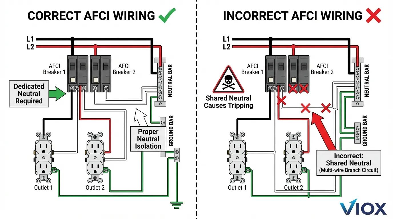 Wiring diagram comparing correct dedicated neutral configuration versus incorrect shared neutral wiring that causes AFCI nuisance tripping