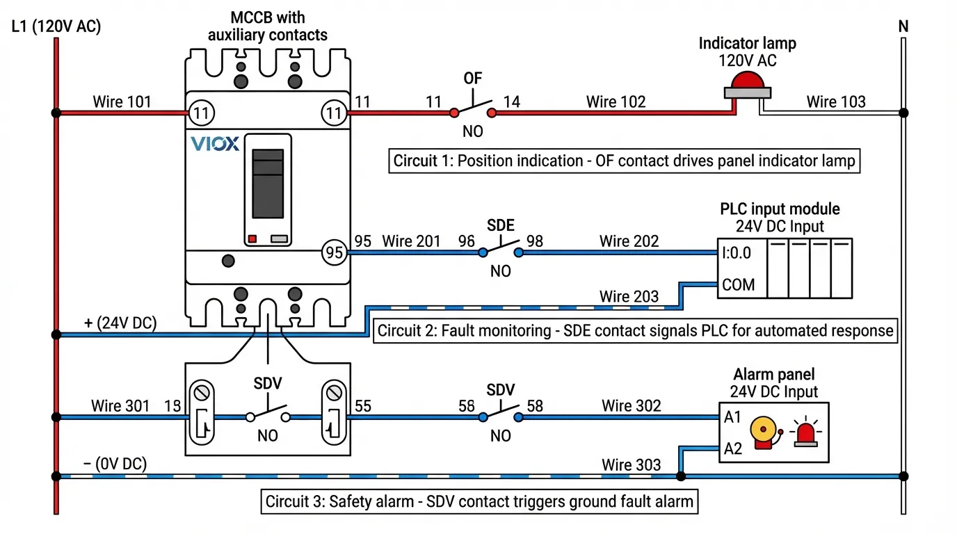 Wiring diagram examples showing three common applications of VIOX MCCB auxiliary contacts: status indication, PLC fault monitoring, and ground fault alarm circuits