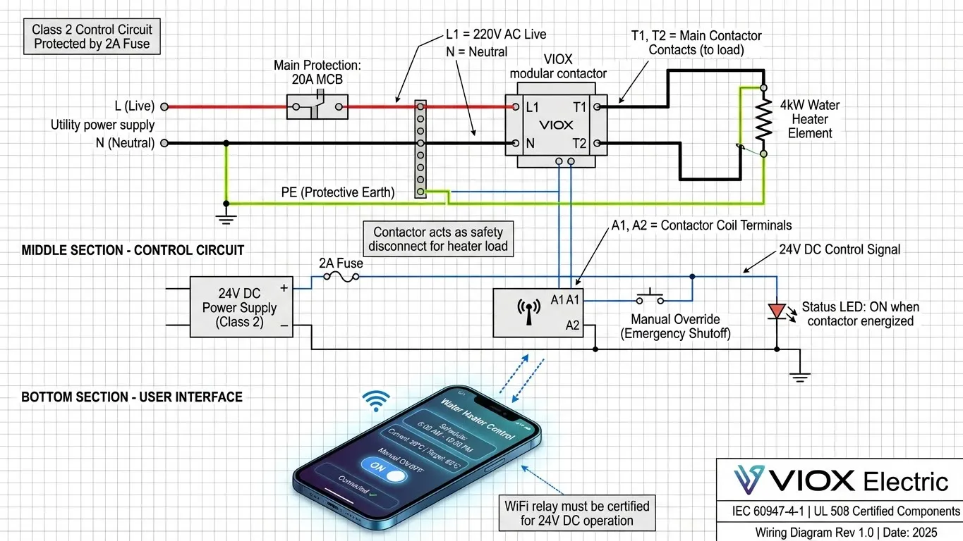 Wiring diagram for smart home water heater control using VIOX modular contactor
