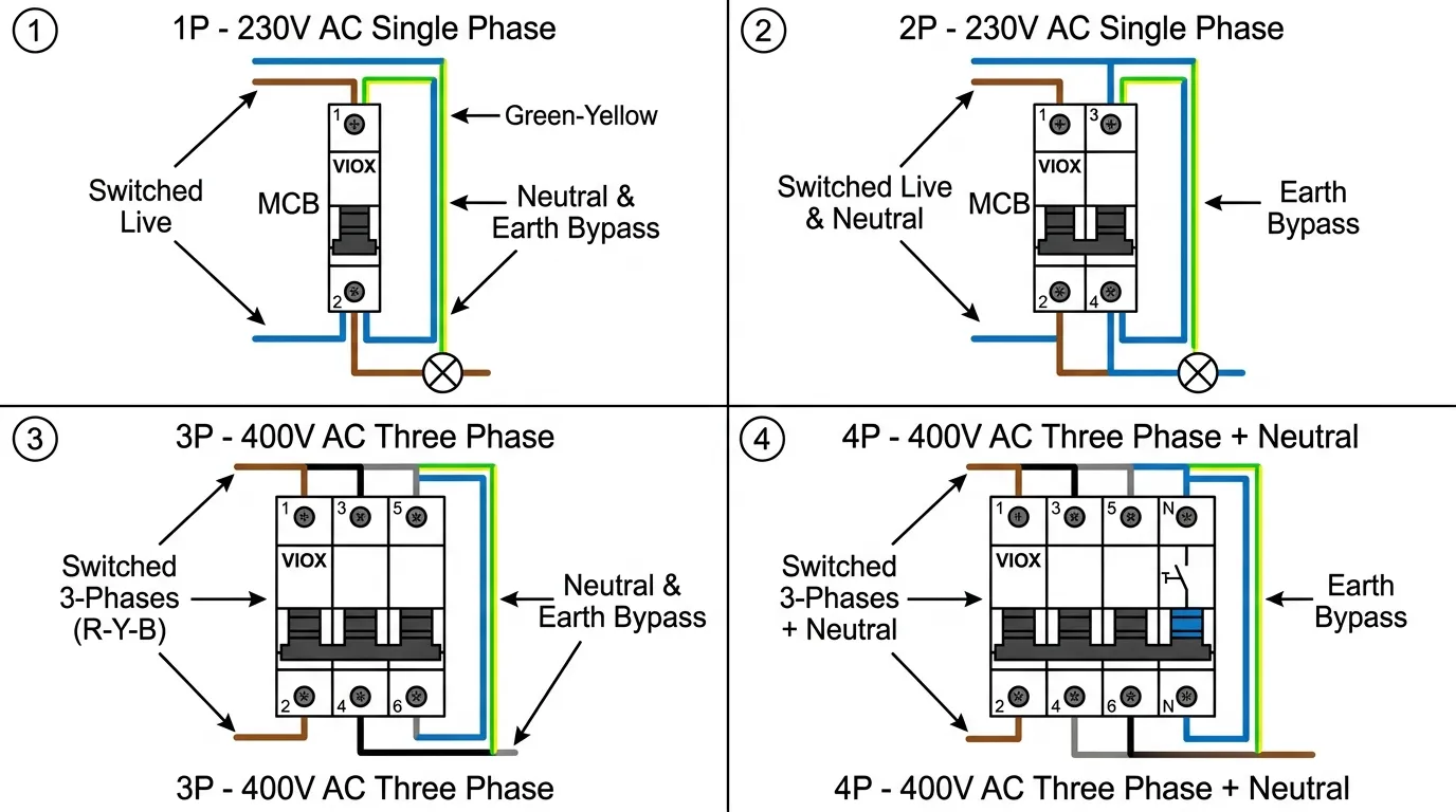 IEC standartlarına göre uygun iletken bağlantıları ve renk kodlaması ile VIOX MCB kutup konfigürasyonları 1P, 2P, 3P, 4P'yi gösteren kablo şeması