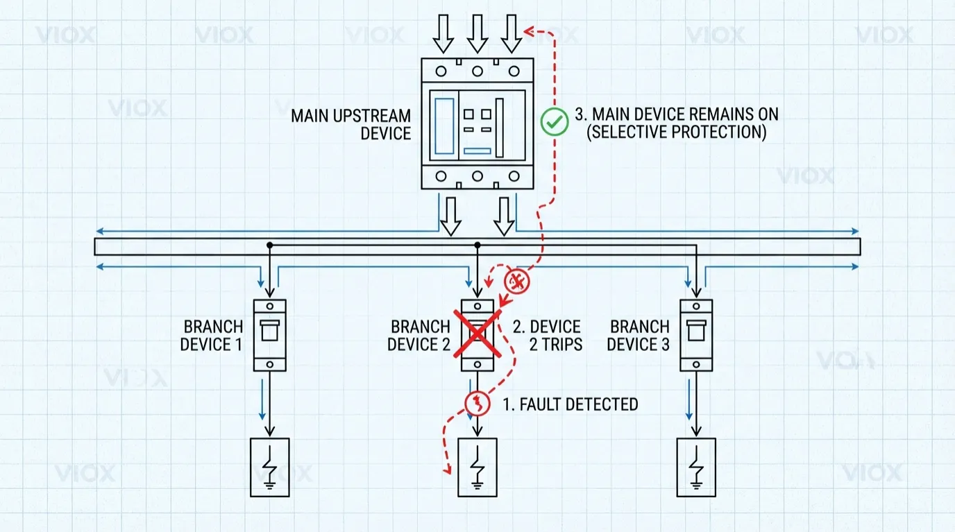 Kapcsolási rajz, amely a VIOX RCCB upstream és downstream szelektivitását mutatja