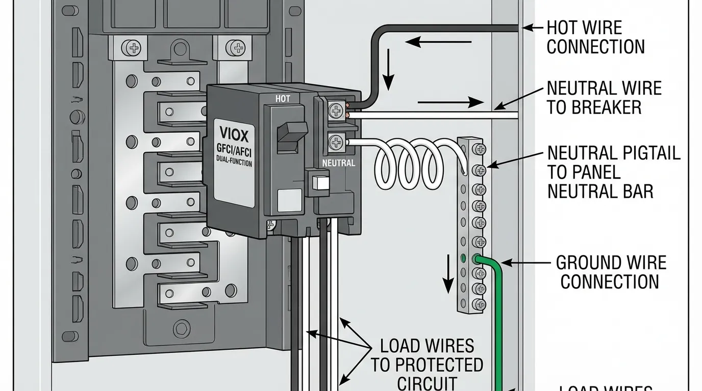 Wiring diagram showing correct installation of dual-function GFCI/AFCI circuit breaker in electrical panel