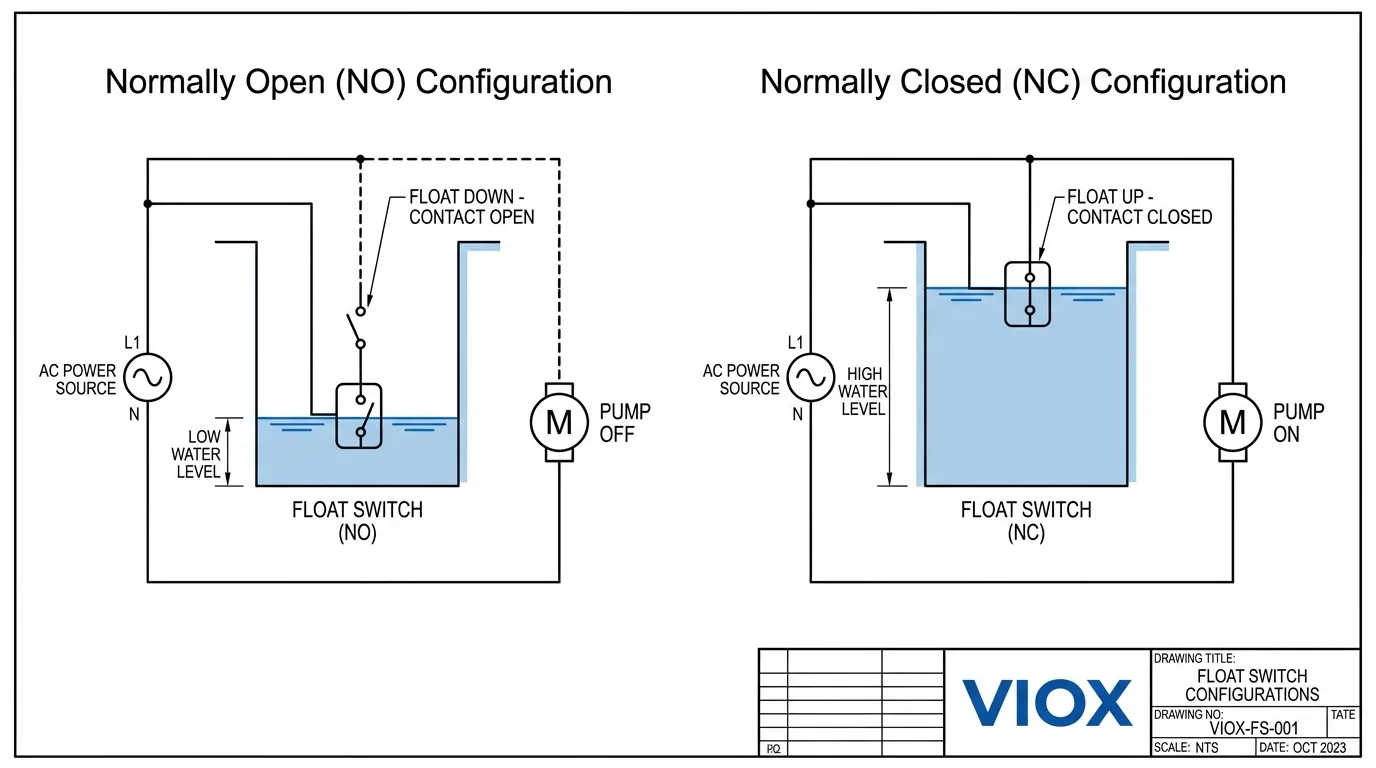 Wiring schematic comparing Normally Open and Normally Closed float switch configurations for pump motor control circuits