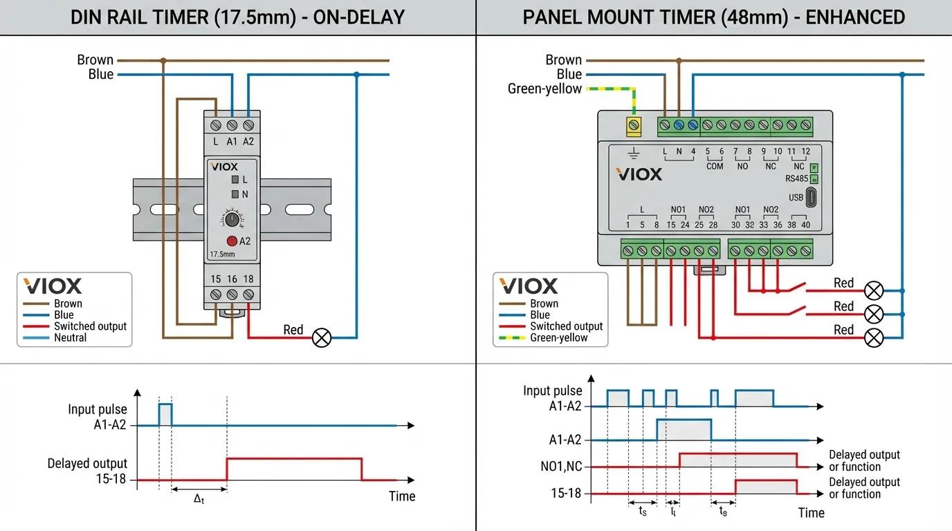 VIOX DIN রেল এবং প্যানেল মাউন্ট টাইমারের মধ্যে ওয়্যারিং স্কিম্যাটিক তুলনা, টার্মিনাল সংযোগ এবং টাইমিং ডায়াগ্রাম દર્શાવતો