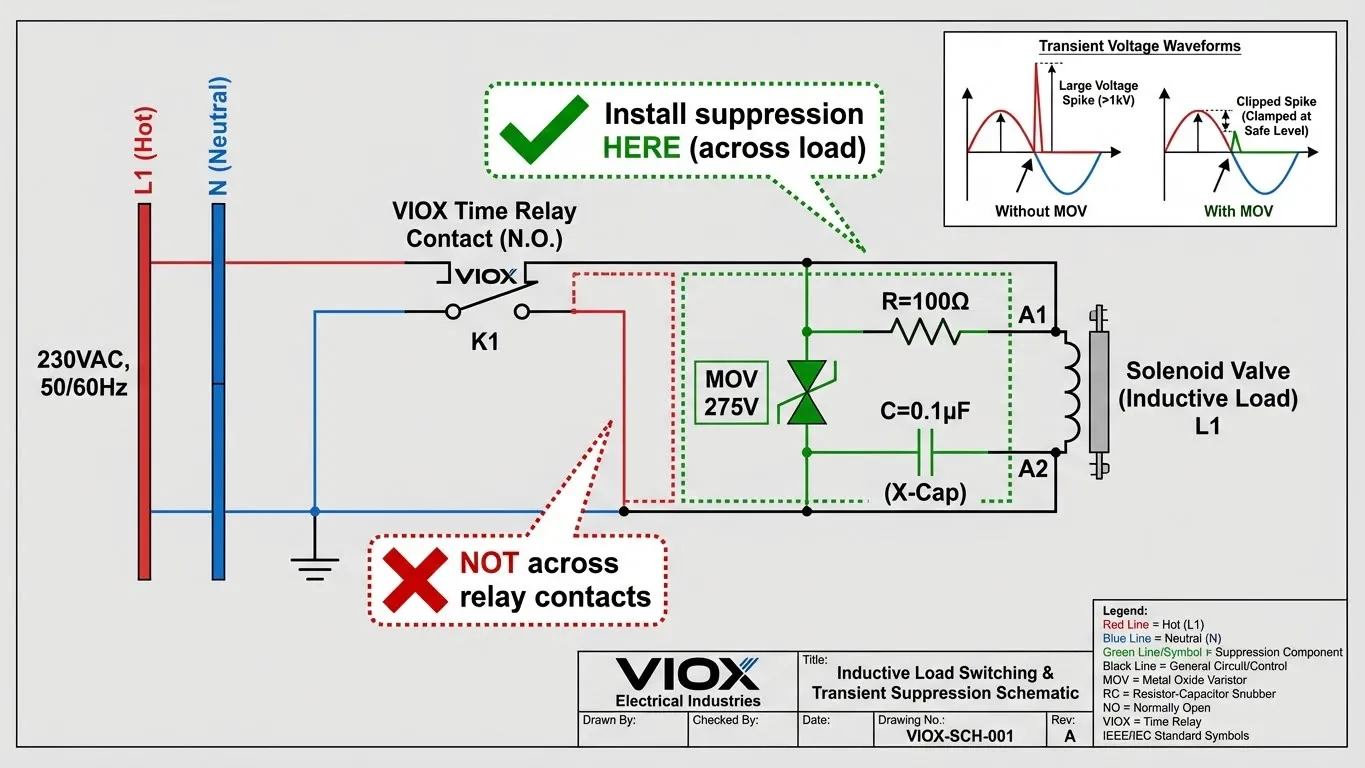 Kapcsolási rajz, amely bemutatja a megfelelő MOV és RC snubber telepítést a VIOX reléérintkezők induktív terhelési feszültségcsúcsok elleni védelméhez