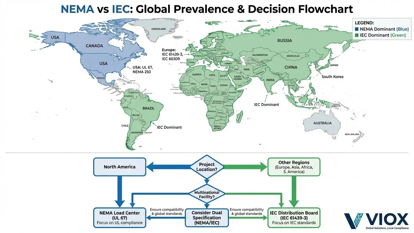 ផែនទីពិភពលោកដែលបង្ហាញពីការចែកចាយភូមិសាស្ត្រស្តង់ដារ NEMA និង IEC ជាមួយនឹងតារាងលំហូរការសម្រេចចិត្ត សម្រាប់ការជ្រើសរើសការបញ្ជាក់