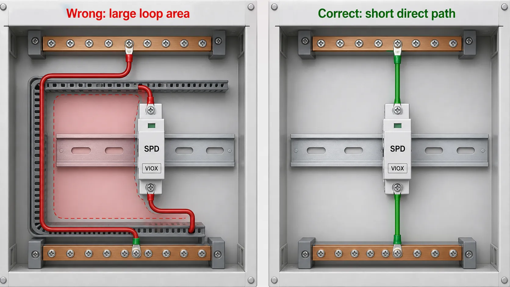 Wrong SPD wiring with a large loop area compared with correct short and direct wiring.