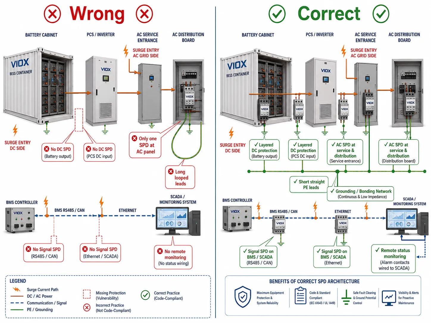 Wrong versus correct BESS surge protection layout showing layered DC AC and signal SPDs with short grounding paths and remote monitoring