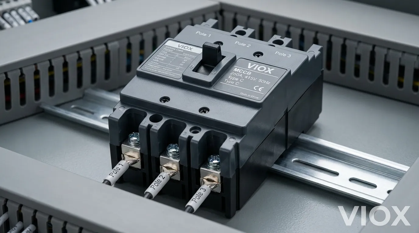อุปกรณ์ MCCB อุตสาหกรรมติดตั้งบนราง DIN ในแผงควบคุม - แสดง MCCB 3 ขั้วพร้อมหมายเลขขั้วที่ชัดเจนและขั้วต่อที่มองเห็นได้