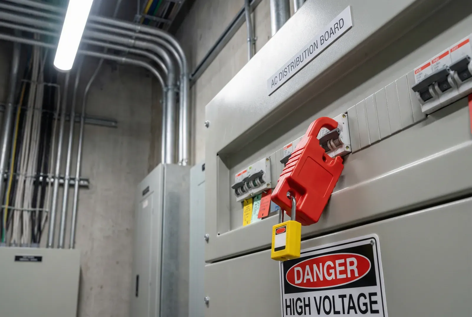 একটি সার্কিট ব্রেকারে ইনস্টল করা একটি লাল MCB লকআউট ডিভাইস, একটি MCB লকআউট ট্যাগআউট পদ্ধতির একটি মূল অংশ।.