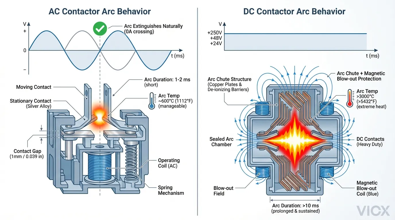 Gambar rajah skematik teknikal yang membandingkan penindasan arka kontaktor AC dan DC: Pemadaman arka semula jadi lintasan sifar AC berbanding mekanisme tiupan magnetik pelongsor arka DC dengan skala suhu mencapai 3000°C