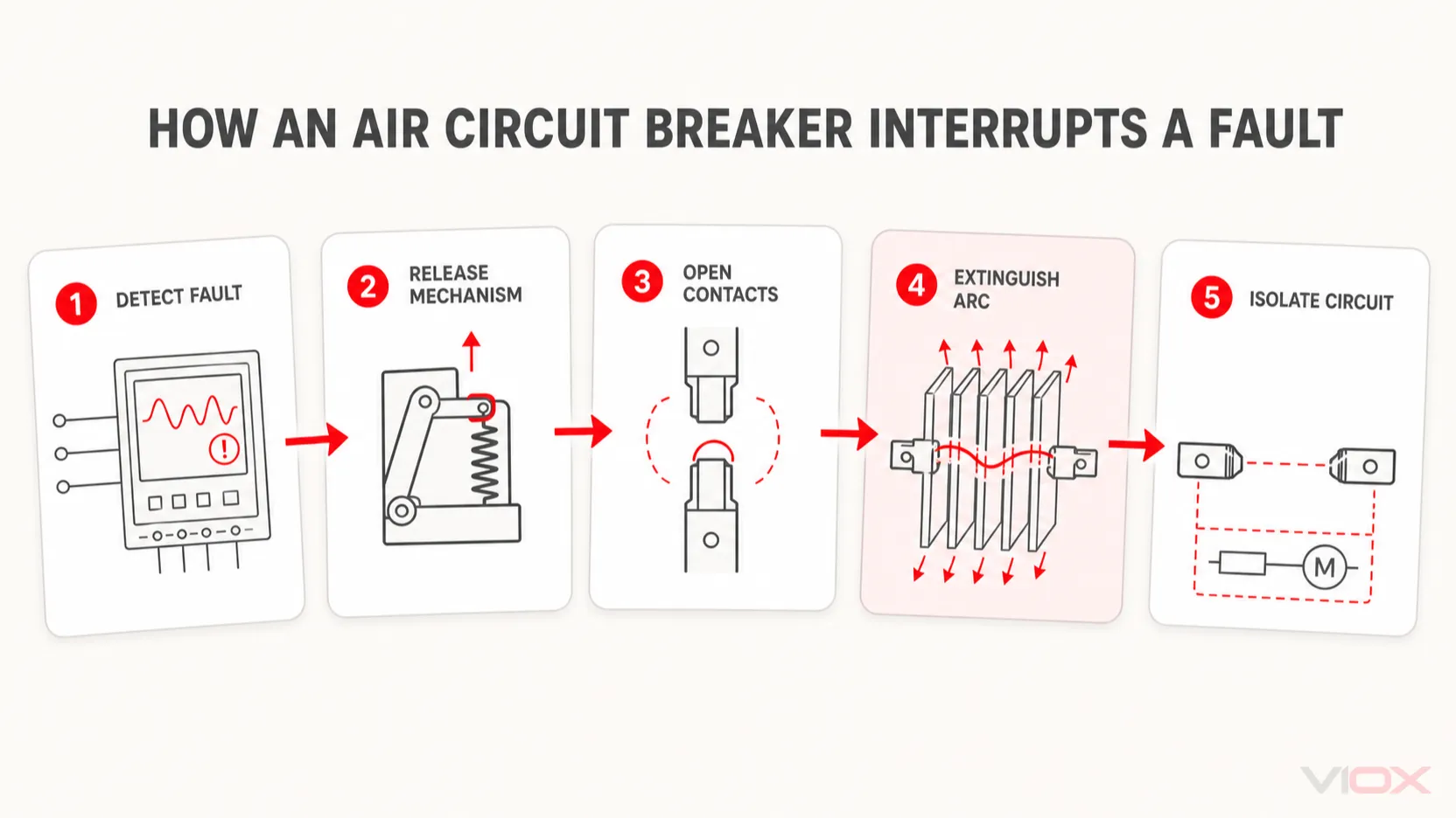 Air circuit breaker interruption sequence from fault detection to circuit isolation