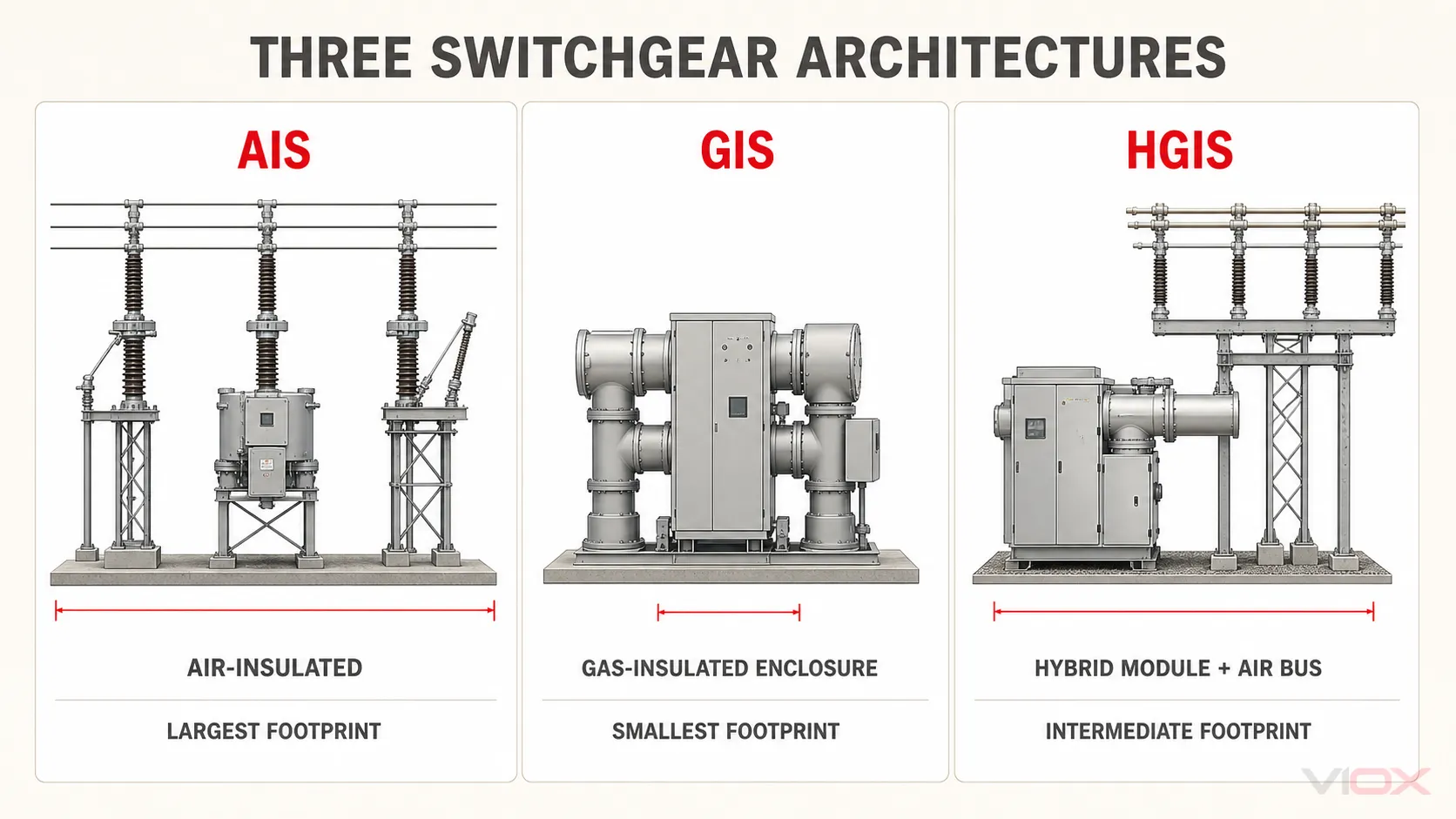 Structural comparison of air-insulated, gas-insulated, and hybrid gas-insulated switchgear