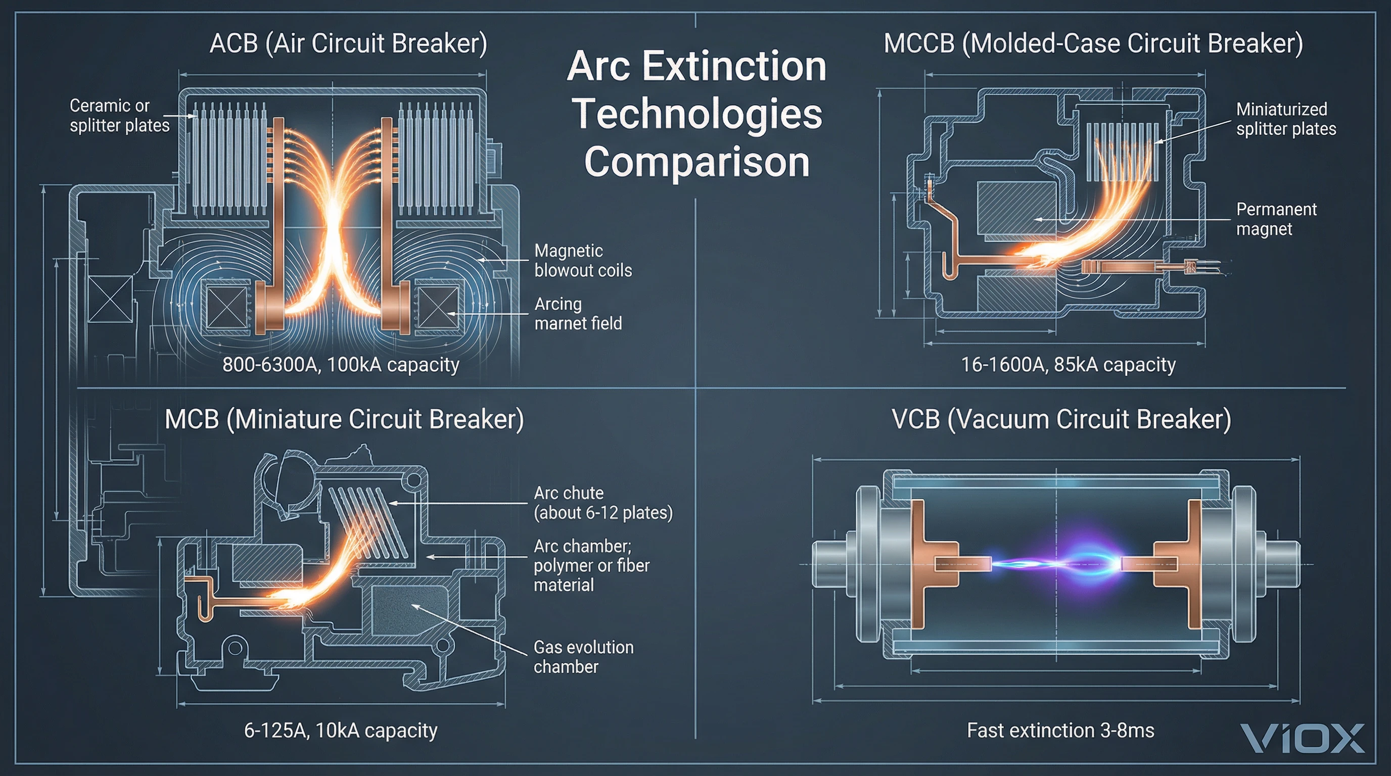 Arc extinction technologies comparison for ACB, MCCB, MCB, and VCB