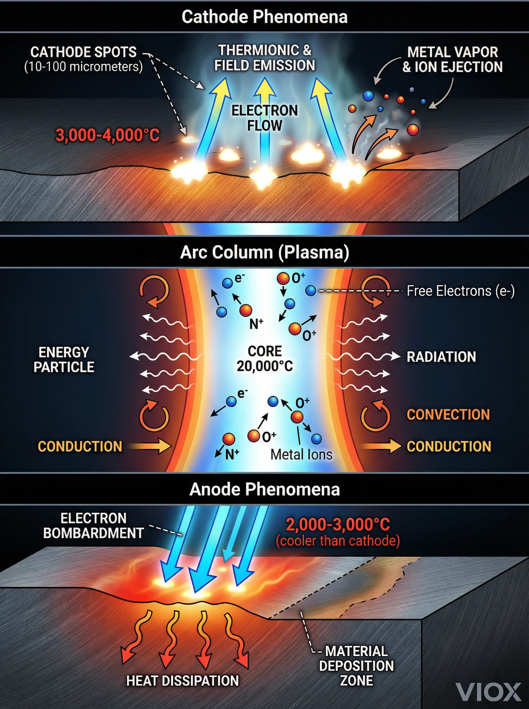 Arc physics cathode spots anode phenomena and plasma dynamics diagram
