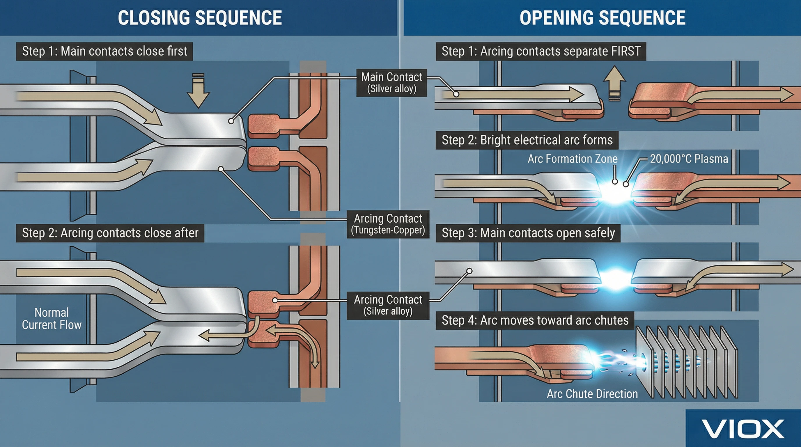 Arcing contacts vs main contacts break-first/make-last protection mechanism diagram