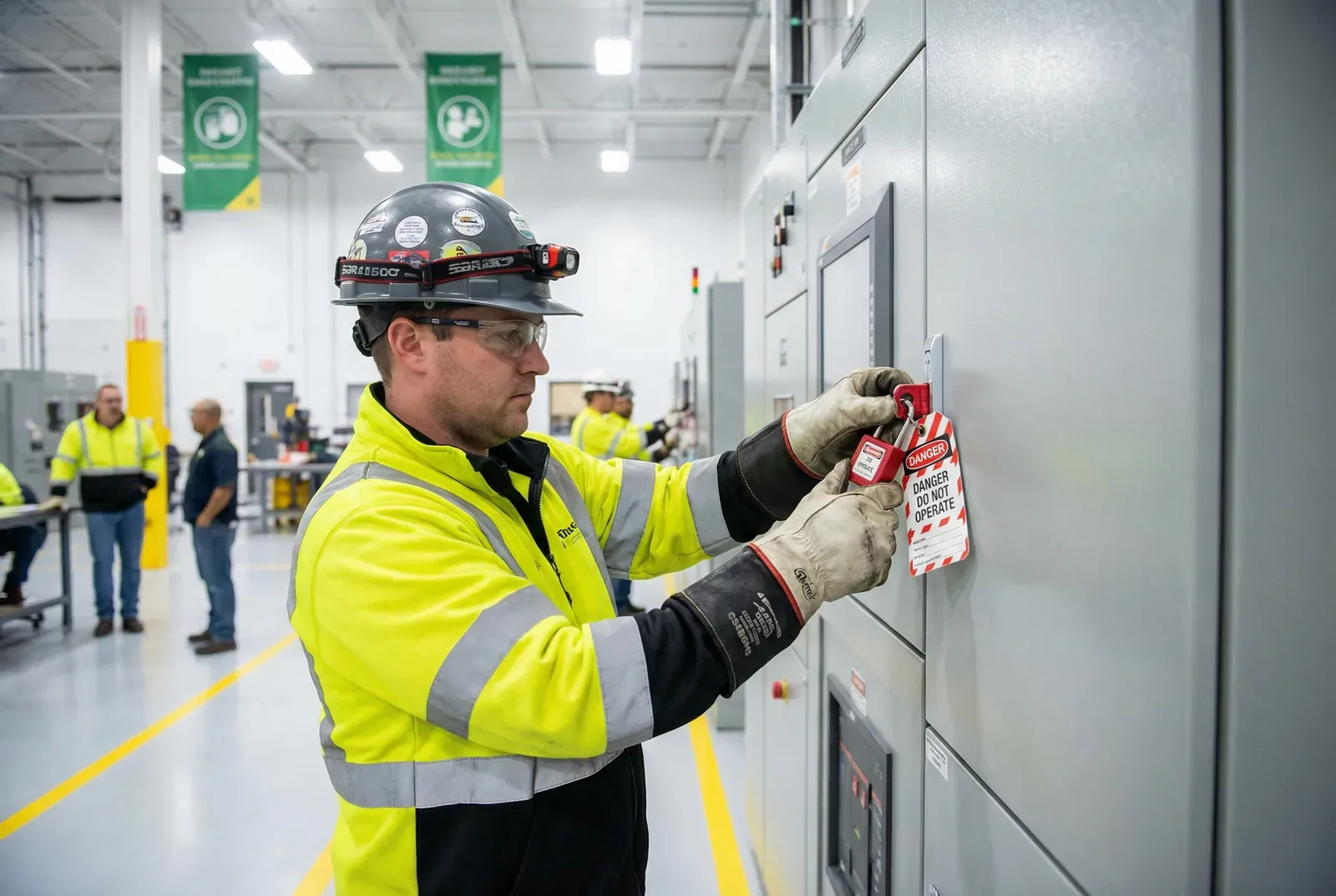 পিপিই পরিহিত অনুমোদিত কর্মী নিরাপত্তার জন্য একটি বৈদ্যুতিক প্যানেলে একটি MCB লকআউট ডিভাইস প্রয়োগ করছেন।.