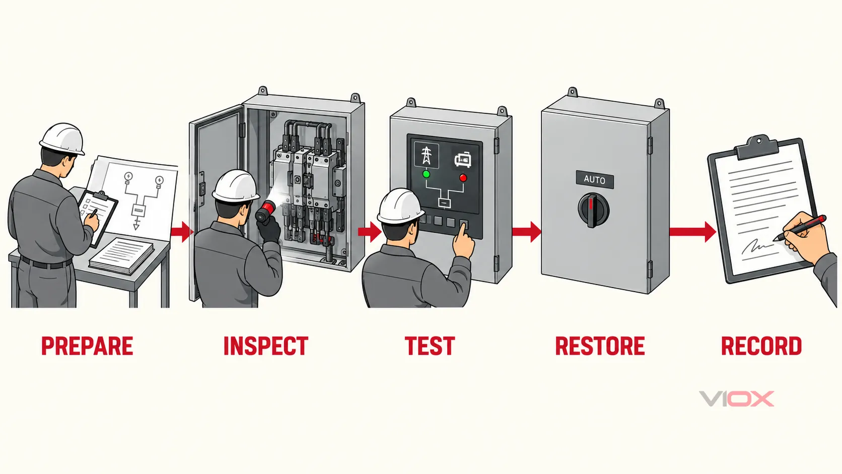 Five-stage automatic transfer switch maintenance pathway from preparation through inspection, testing, restoration and records