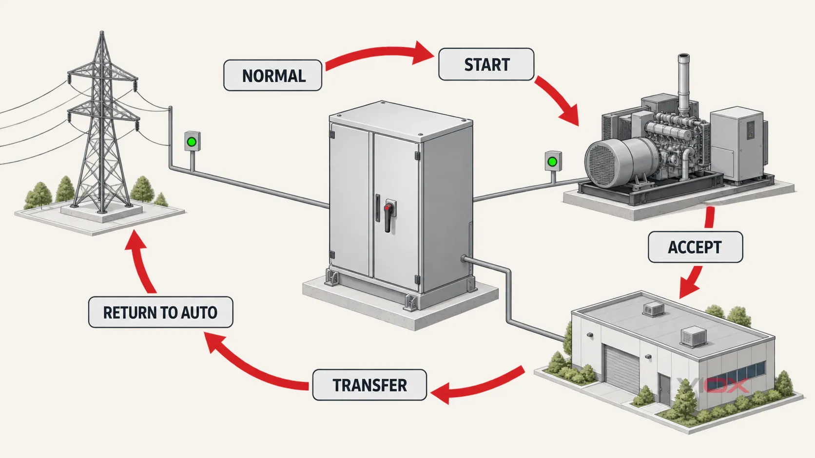 Automatic transfer switch functional test sequence from normal source through generator start, alternate-source acceptance, transfer, retransfer and return to AUTO