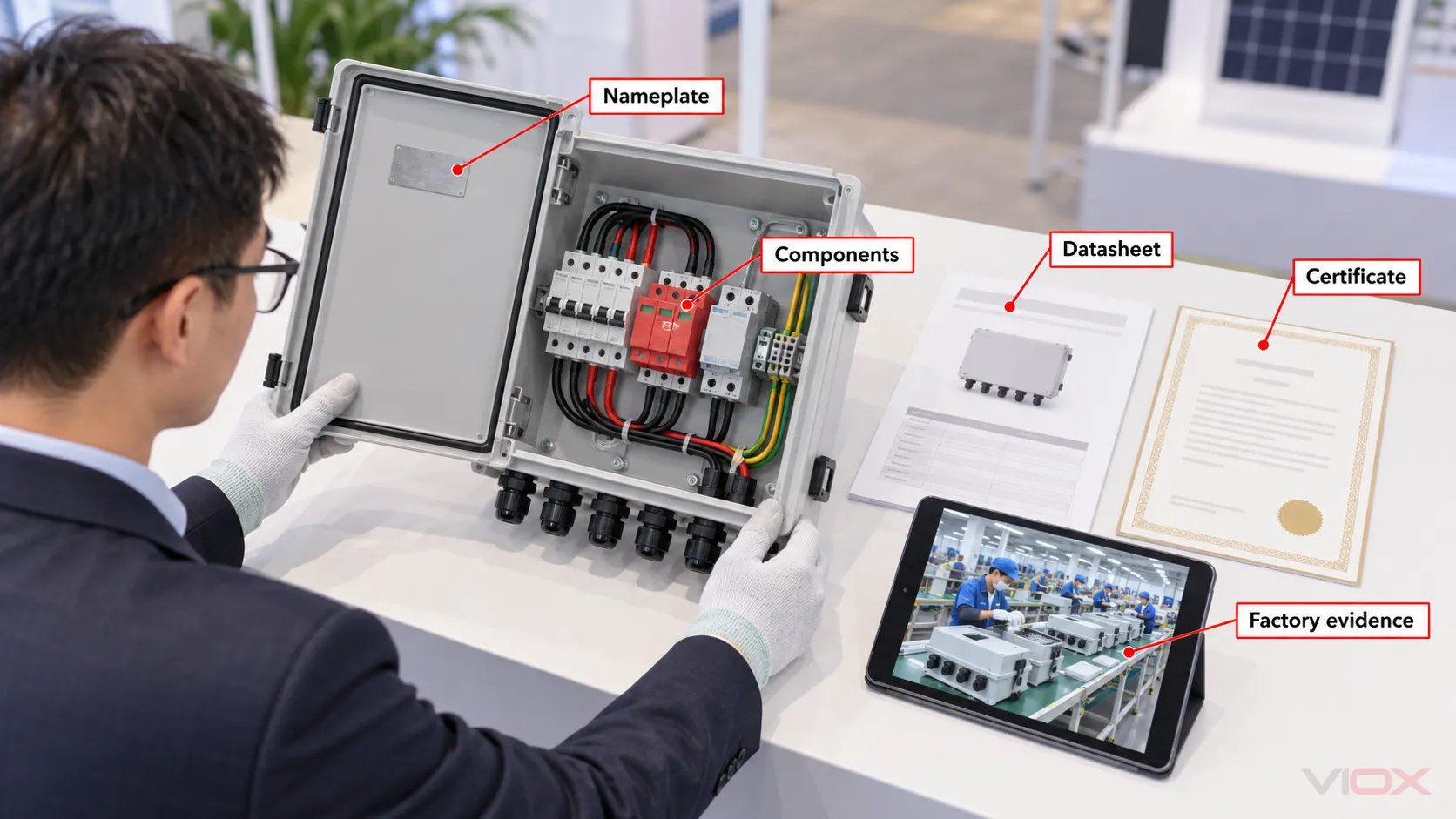 Buyer comparing a PV combiner box nameplate, components, datasheet, certificate, and factory evidence