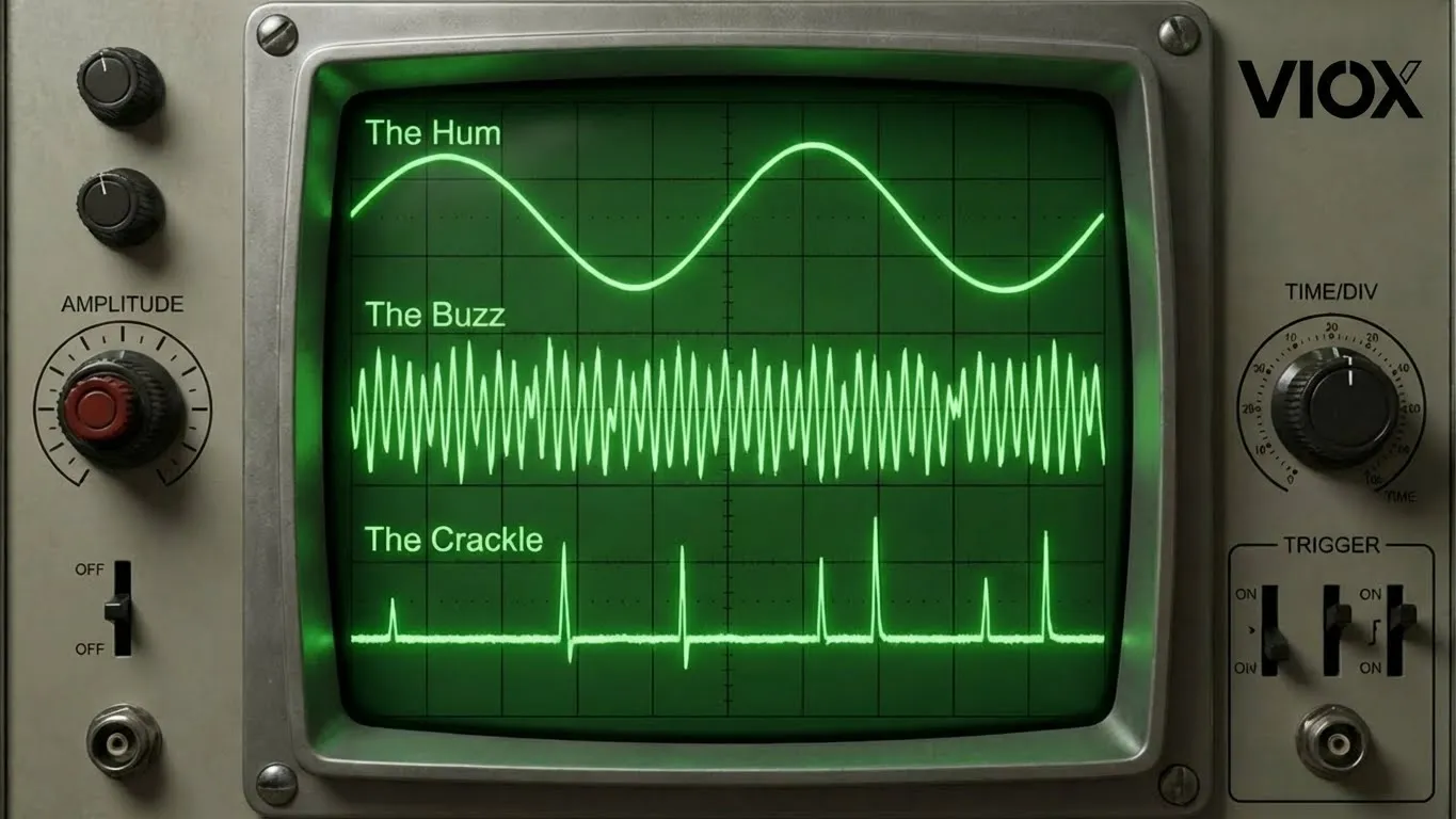 Oscilloscope display showing The Hum, The Buzz, and The Crackle waveforms