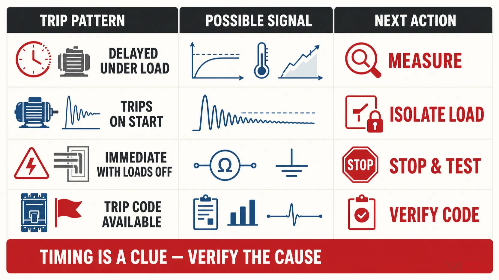 Circuit breaker trip patterns, possible signals, and the appropriate next diagnostic action
