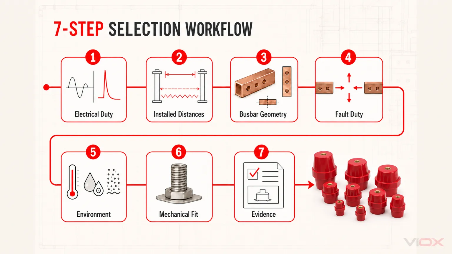Seven-step busbar insulator selection workflow covering electrical duty, distances, geometry, fault duty, environment, mechanical fit, and evidence