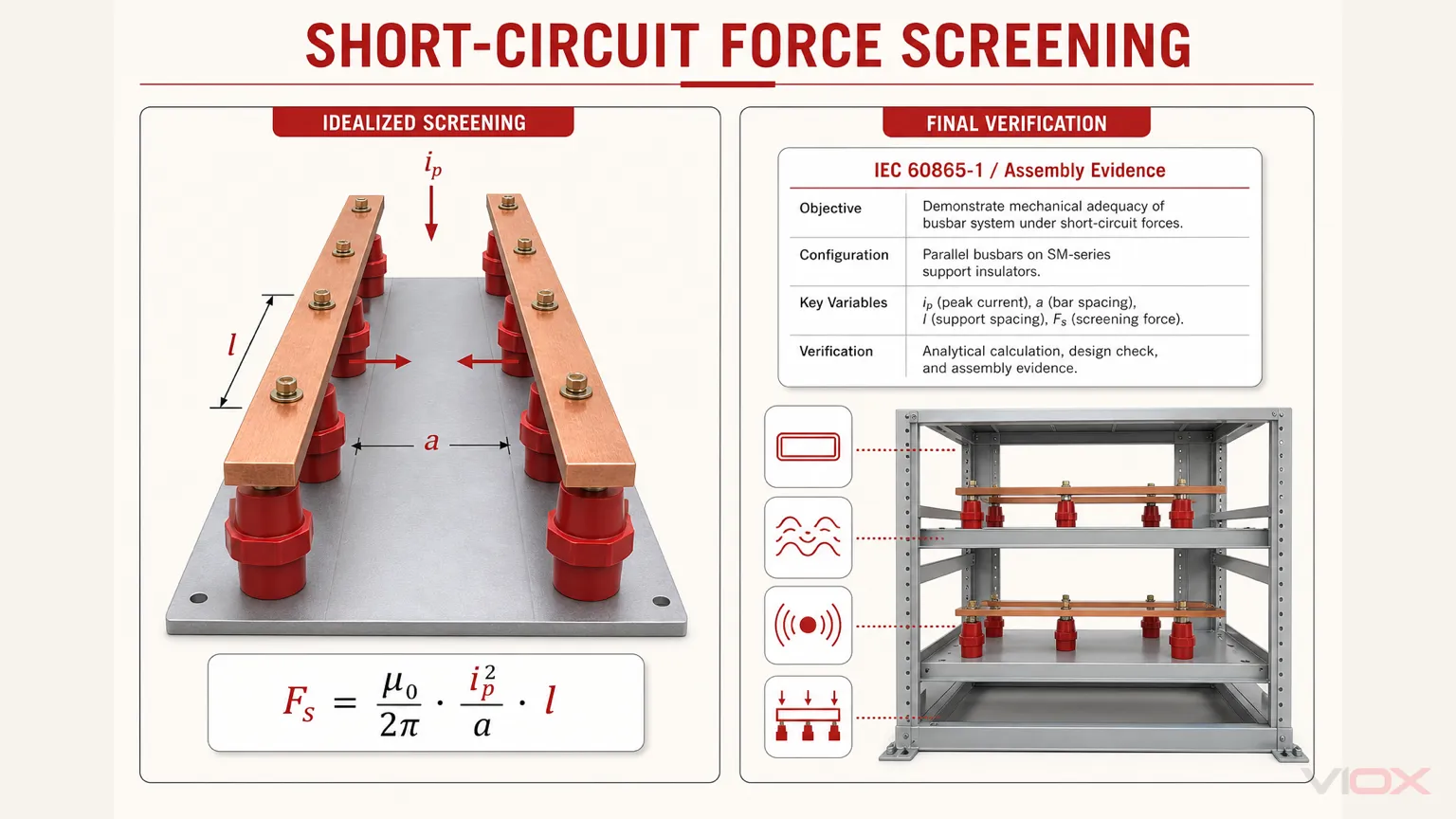 Idealized busbar short-circuit force screening with center spacing, support span, peak current, and IEC 60865-1 final verification