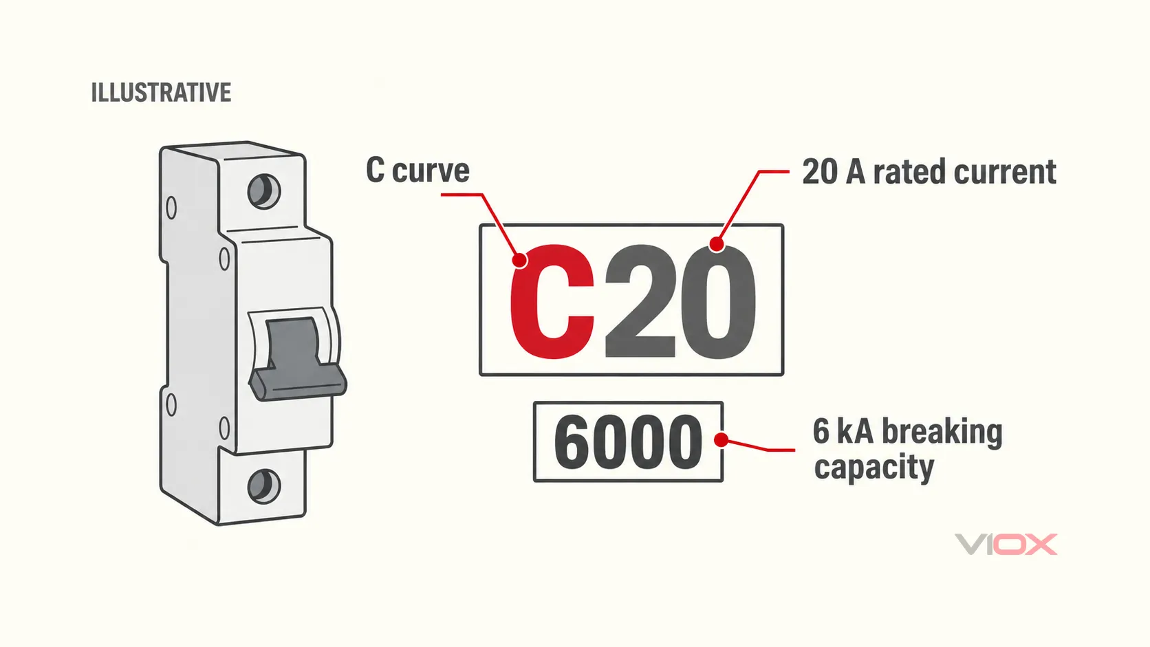 Ang pagmamarka ng C20 at 6000 na naglalarawan ay naghihiwalay sa curve, rated current, at breaking capacity