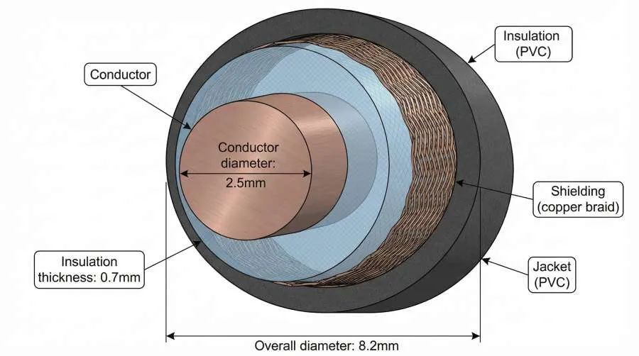 A kábel keresztmetszetének műszaki rajza, amely bemutatja a vezető átmérőjét és a szigetelő rétegeket
