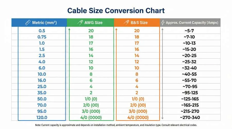 Összehasonlító táblázat, amely bemutatja a kábelméret átváltását mm², AWG és B&S rendszerek között