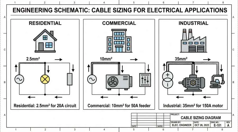Sematikus ábra, amely bemutatja a kábelméretezést különböző elektromos alkalmazásokhoz