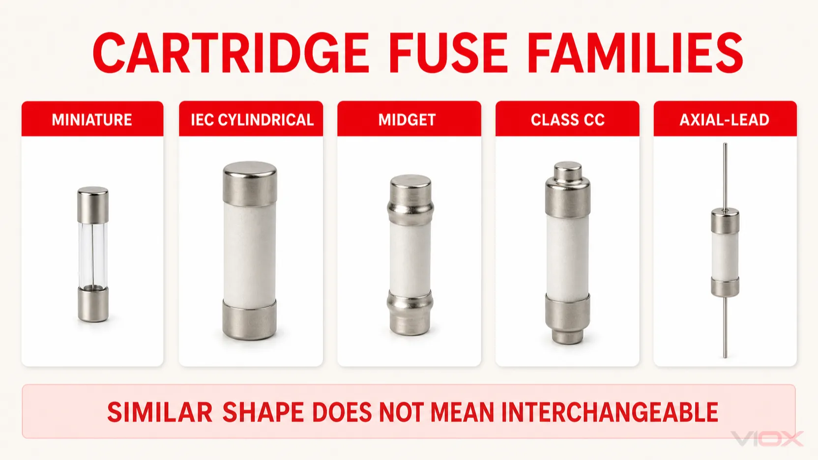 Cartridge fuse family map separating miniature, IEC cylindrical, midget, Class CC and axial-lead systems