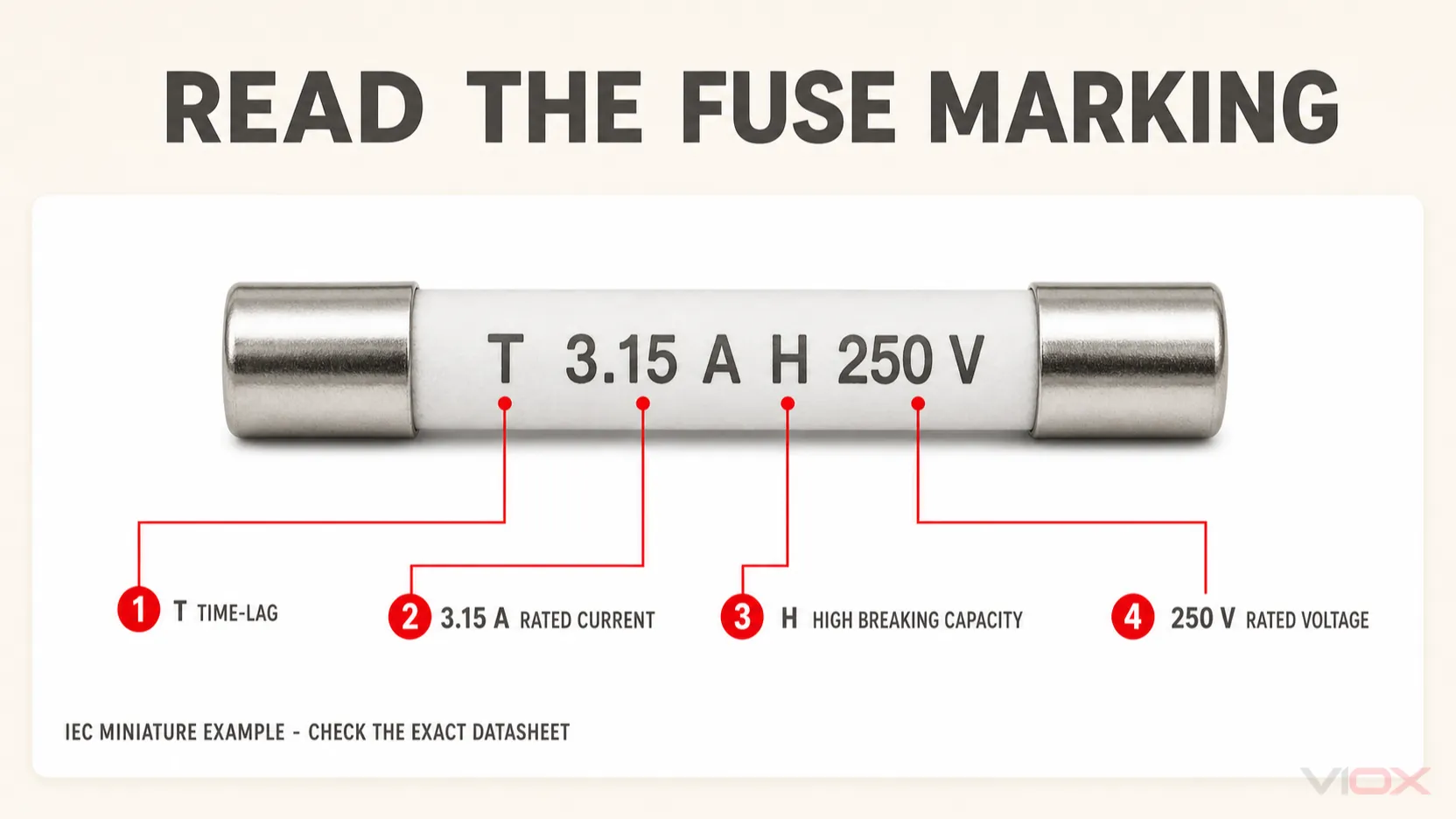 Cartridge fuse marking decoder showing speed, current, breaking capacity and voltage fields