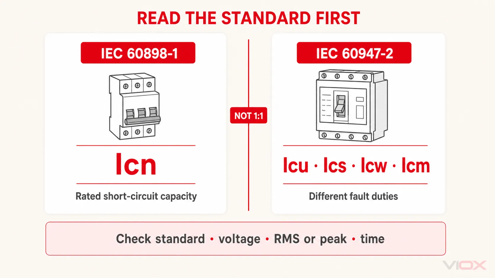 IEC 60898-1 Icn compared with IEC 60947-2 Icu, Ics, Icw, and Icm ratings