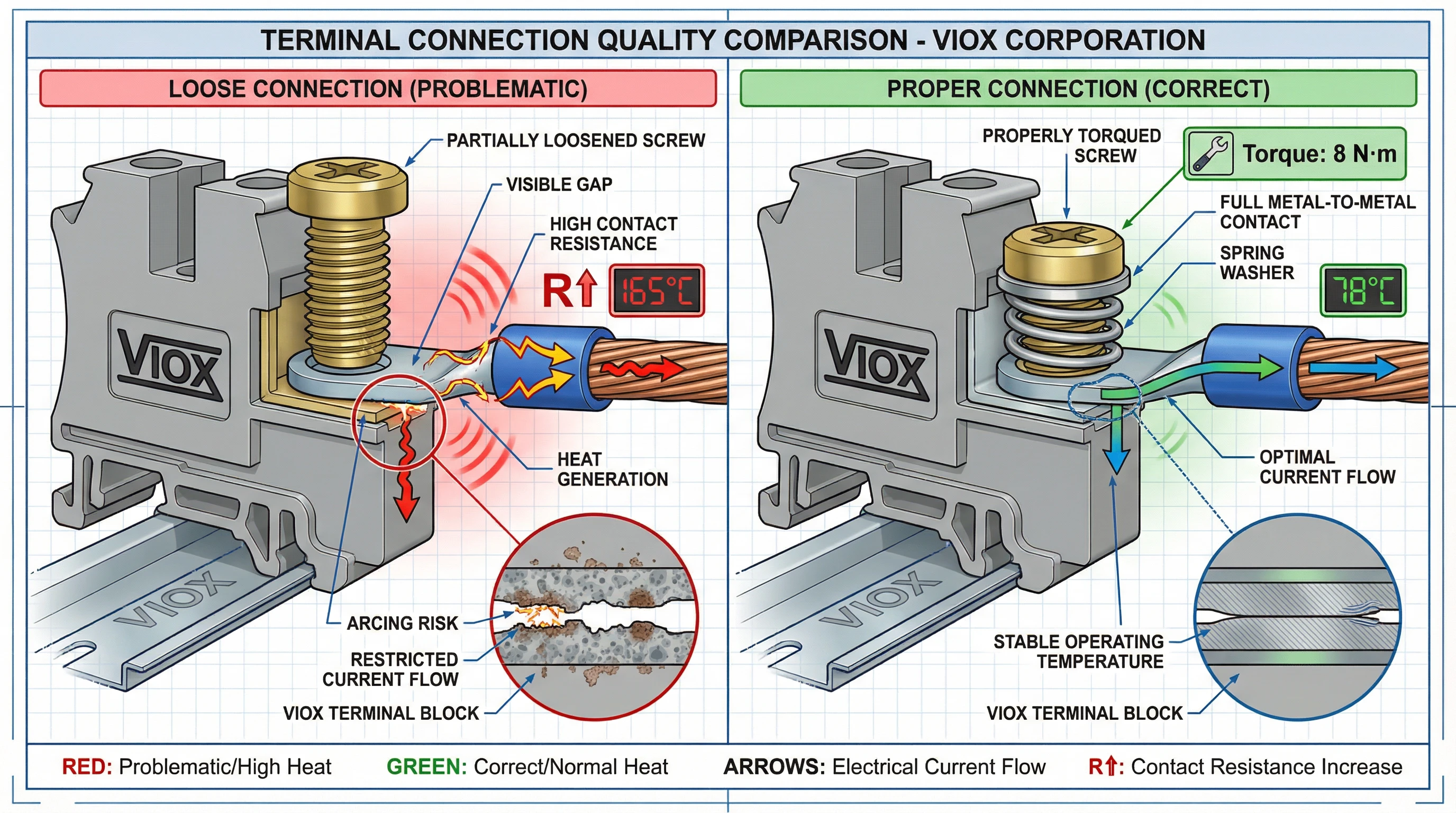 مقارنة عن قرب لوصلات الأطراف في صندوق تجميع الطاقة الشمسية VIOX - وصلة مفكوكة تظهر ارتفاع درجة حرارة 165 درجة مئوية مقابل وصلة ذات عزم دوران مناسب عند 78 درجة مئوية مع تحليل جودة التلامس