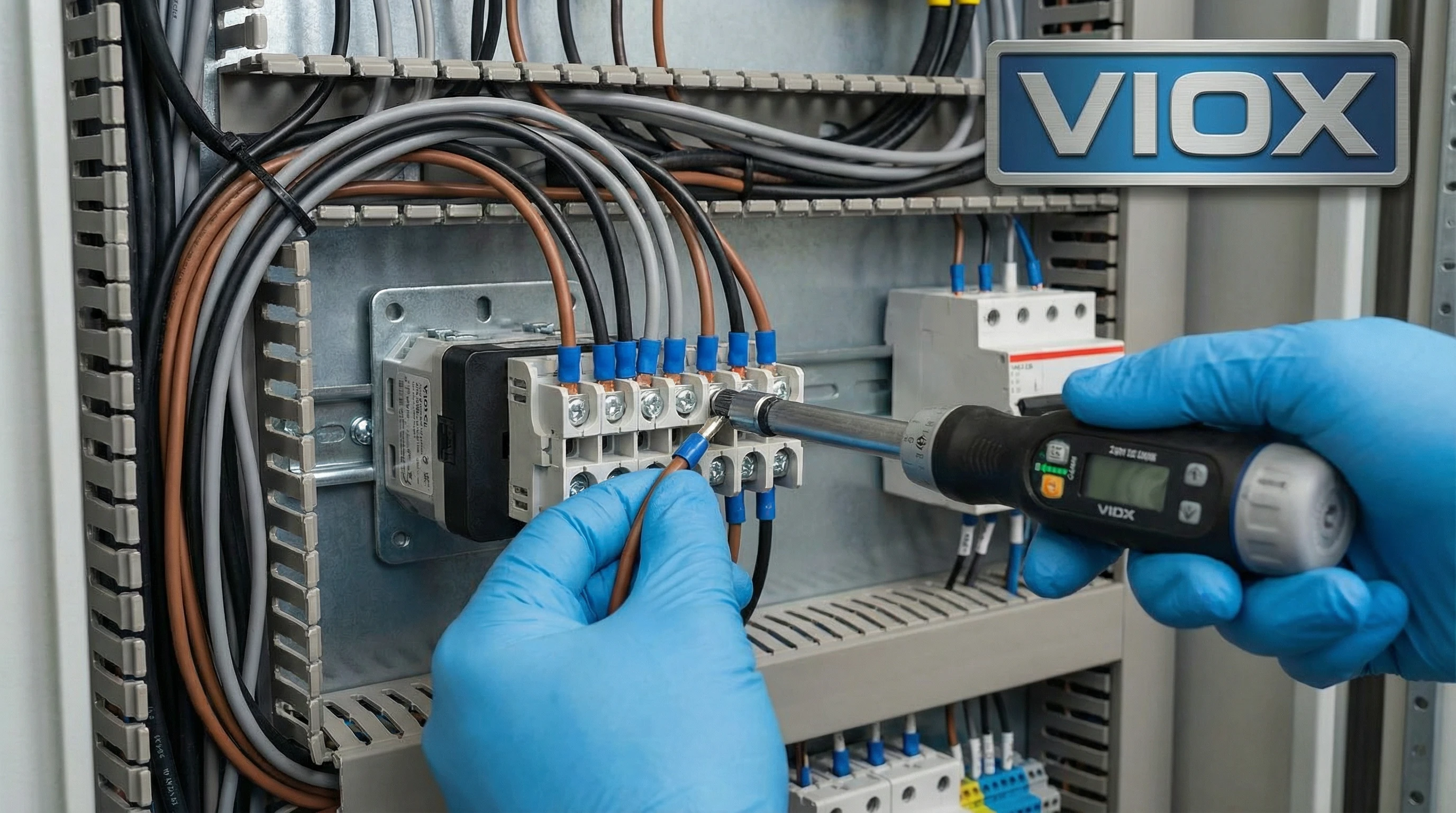 Fotografia didattica ravvicinata delle mani di un elettricista che collegano un filo terminato con puntale al terminale del commutatore a camme VIOX