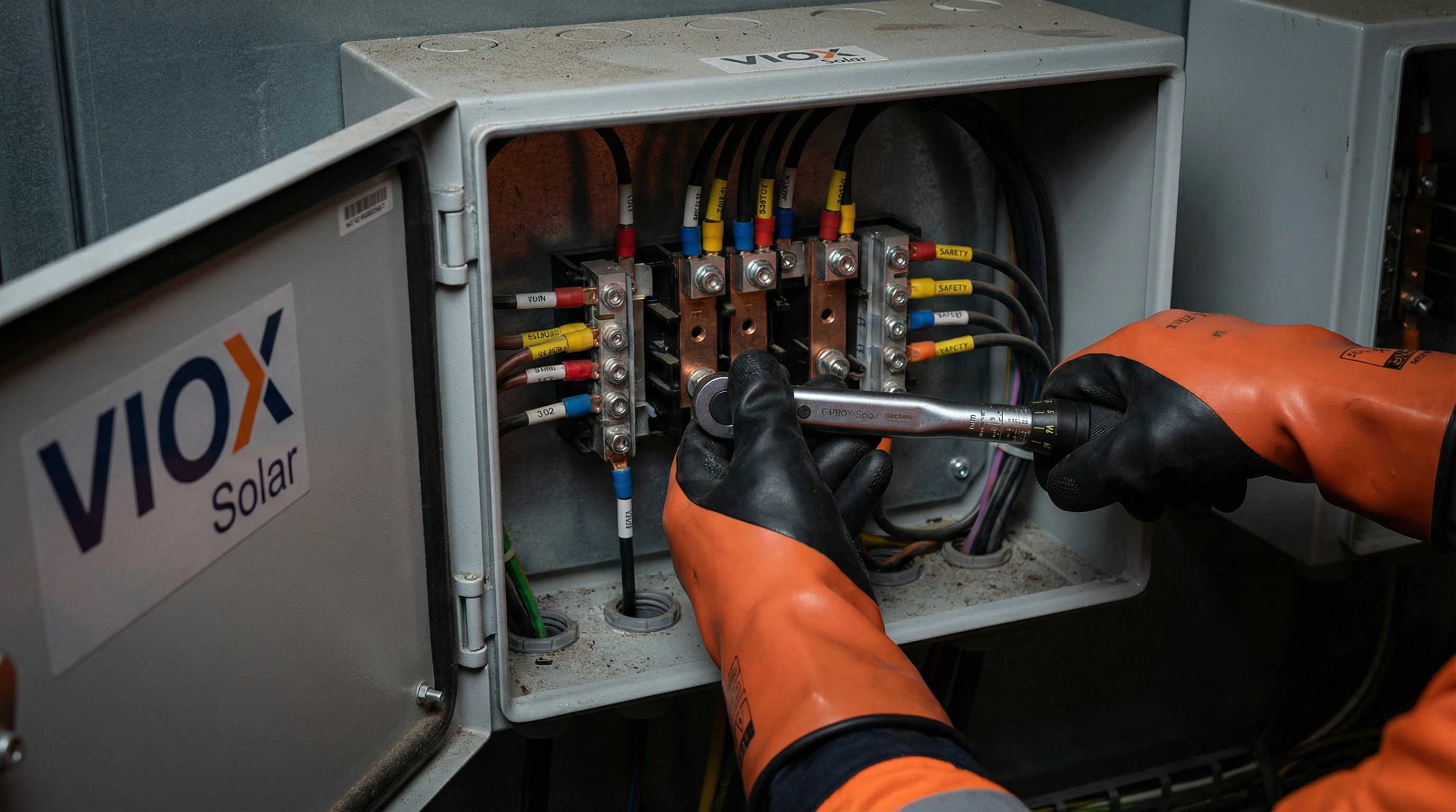 Primo piano del tecnico che utilizza una chiave dinamometrica calibrata sui collegamenti dei terminali della scatola di giunzione solare VIOX per una corretta procedura di risoluzione dei problemi