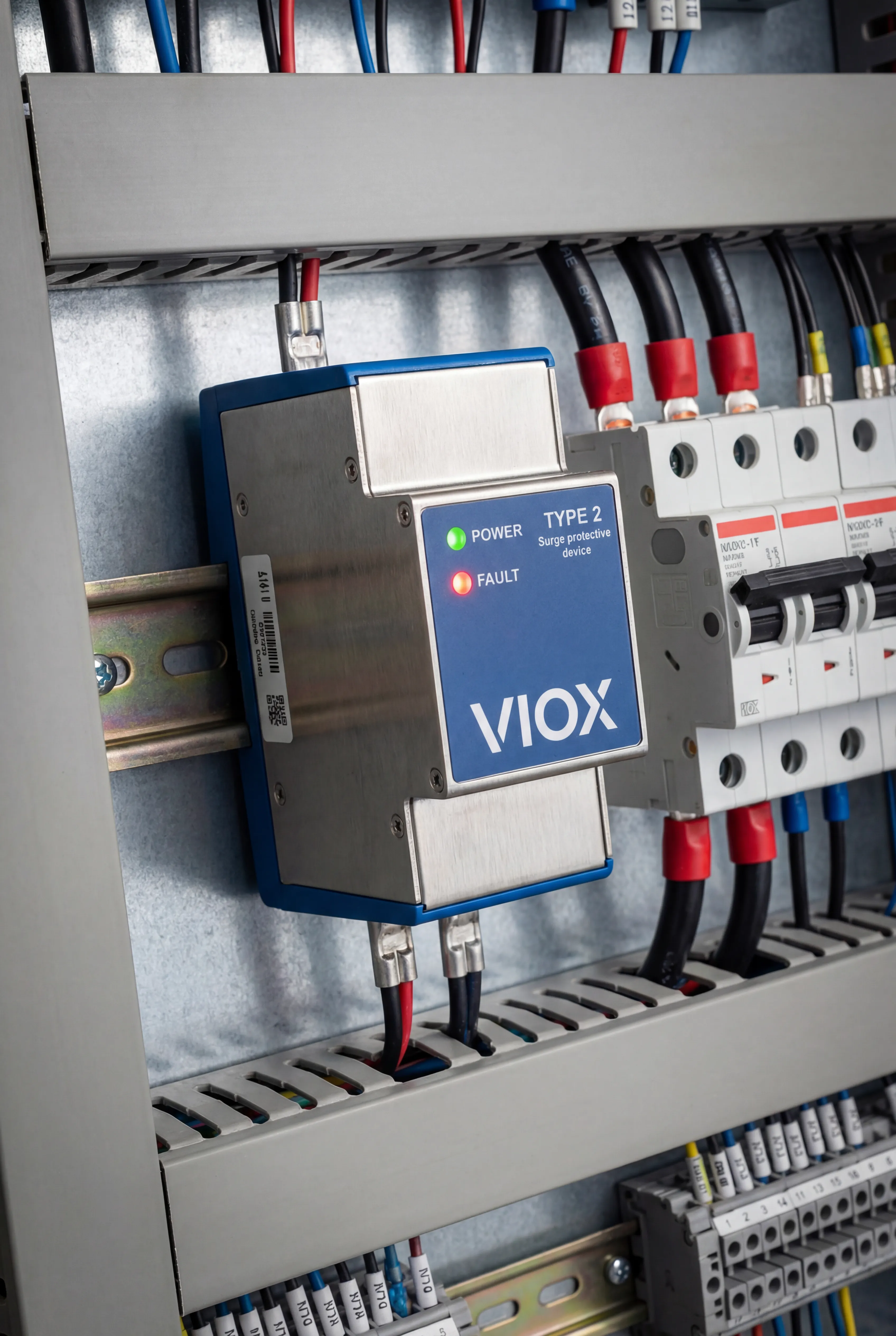 Detail SPD VIOX typu 2 namontované na DIN lištu v průmyslovém řídicím panelu