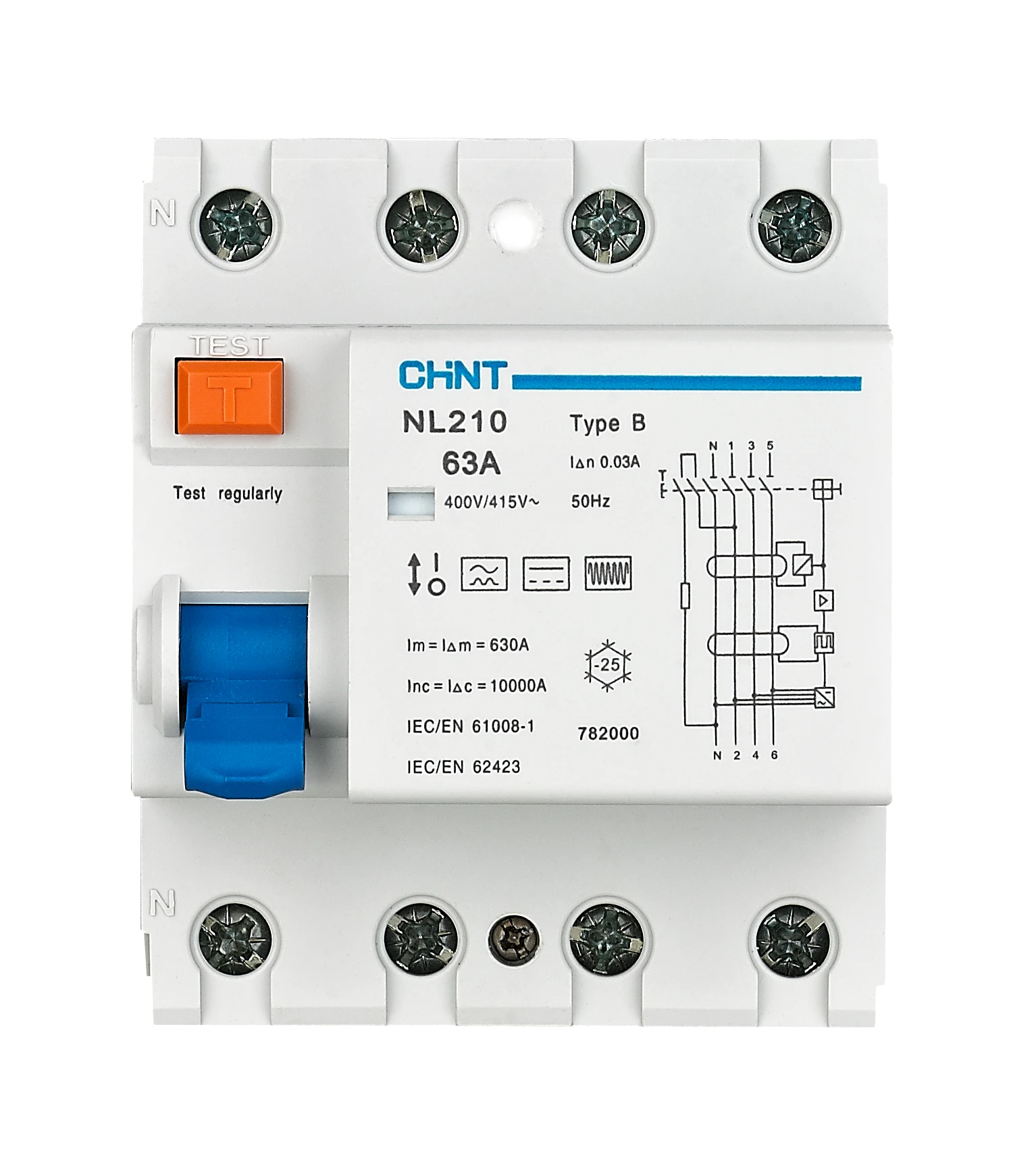 عرض مقرب لـ CHNT NL210 Type B RCCB يظهر زر TEST البرتقالي