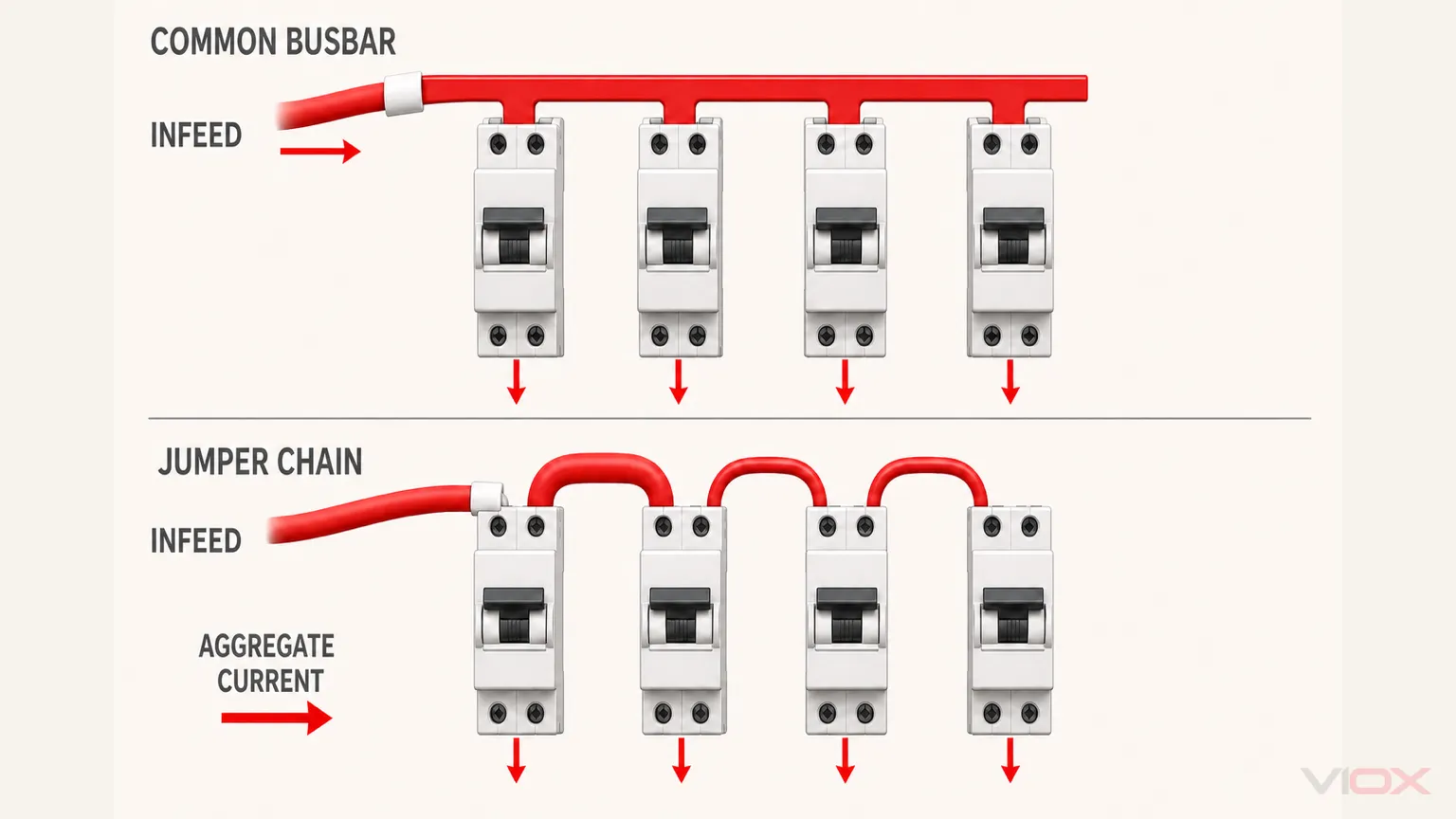 Common comb busbar current path compared with aggregate current in an upstream MCB jumper-wire chain