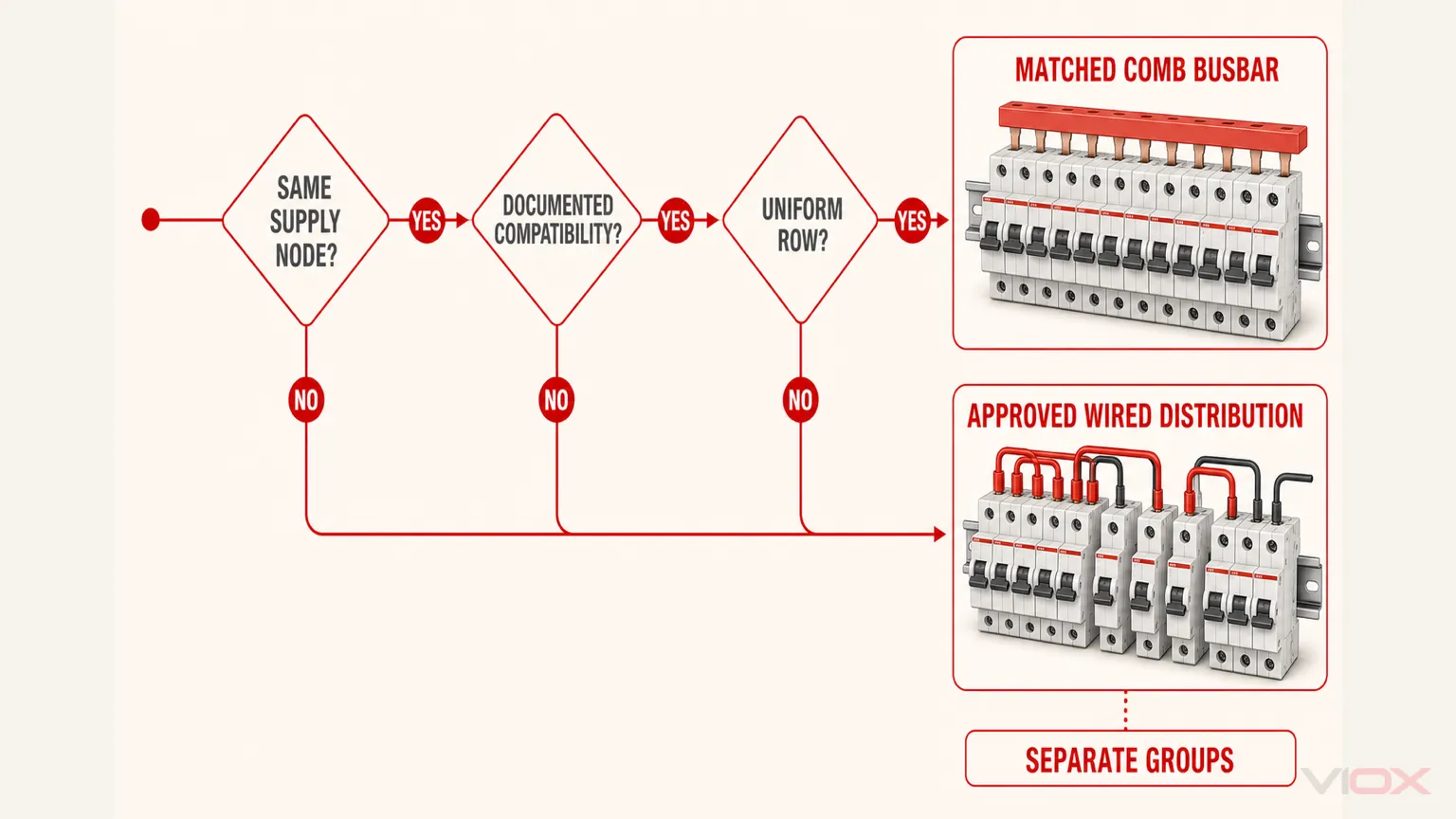 Decision flow for choosing a matched comb busbar, approved wired distribution or separate MCB groups