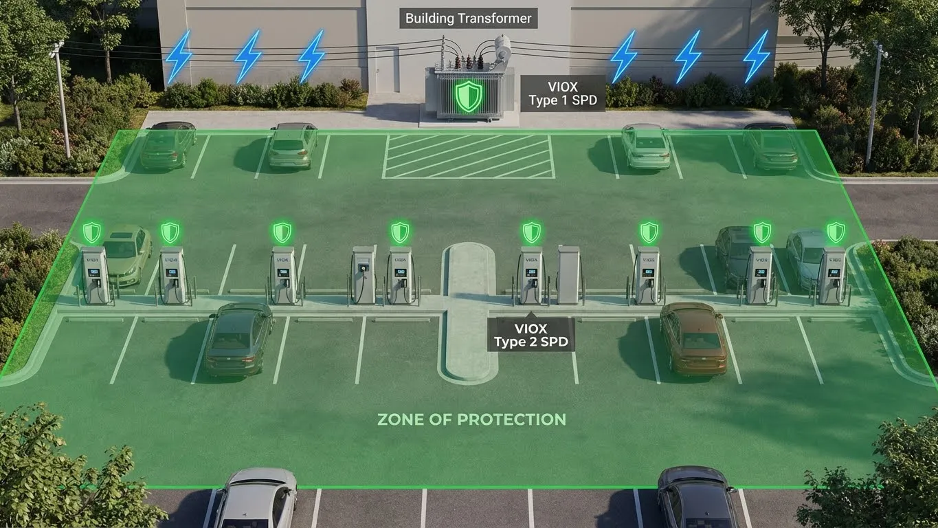 Commercial EV Charging Surge Protection Zones illustration showing Type 1 and Type 2 SPD placement