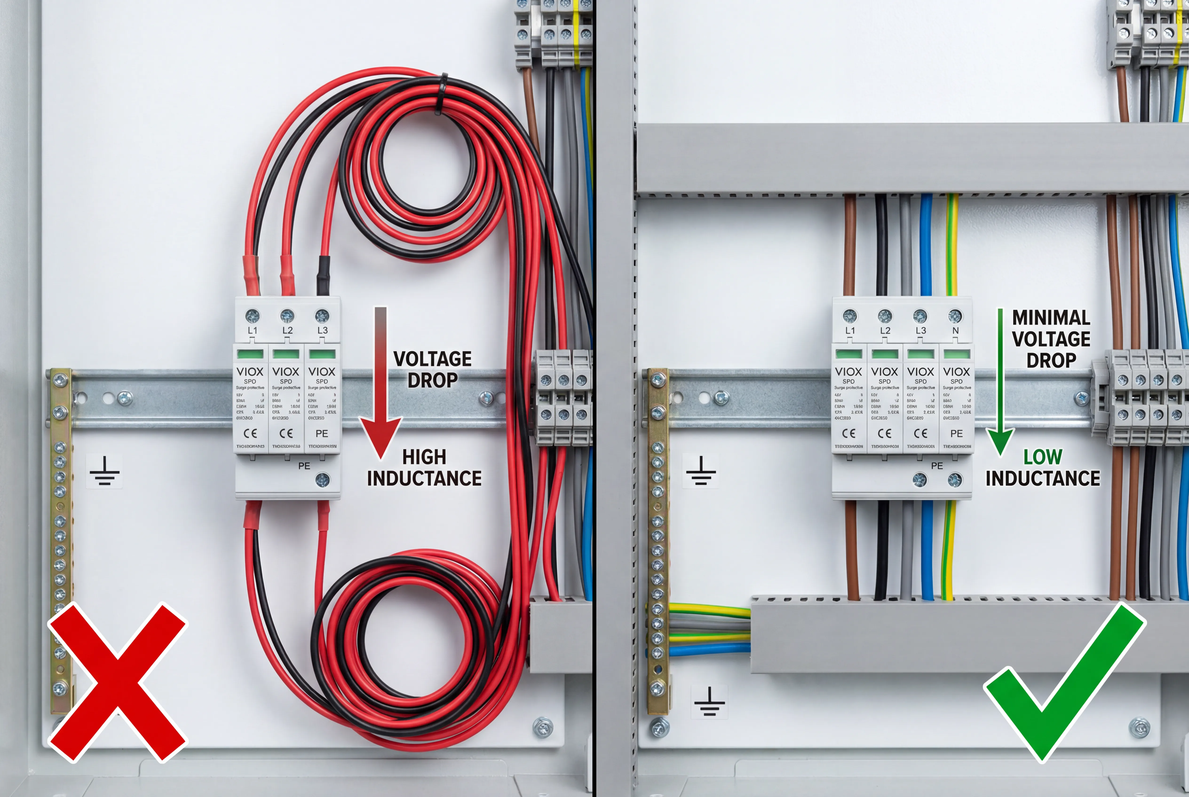 Εικόνα σύγκρισης που δείχνει εσφαλμένη εγκατάσταση υπερβολικού μήκους καλωδίου έναντι σωστής, σύντομης, άμεσης δρομολόγησης αγωγού στην εγκατάσταση VIOX SPD