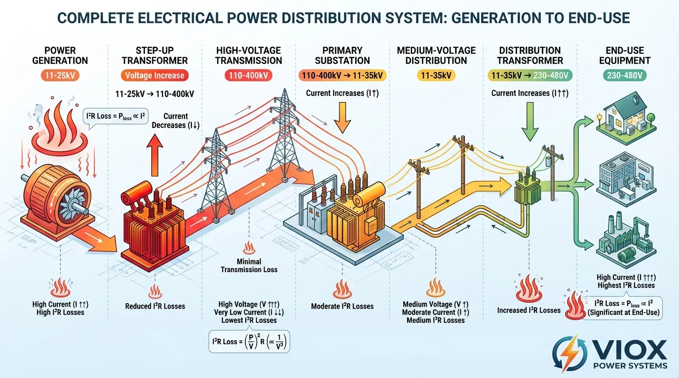 مخطط انسيابي كامل لنظام توزيع الطاقة الكهربائية من التوليد إلى الاستخدام النهائي