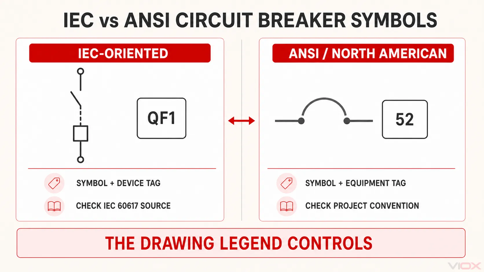 IEC-style and ANSI-style circuit breaker representations with device tags and legend examples