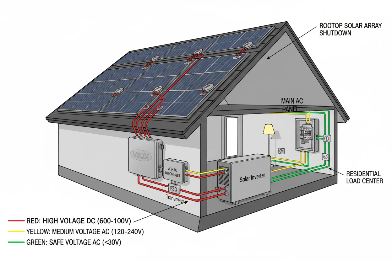 Diagramma completo del sistema di sicurezza fotovoltaica che mostra l'interruttore di sezionamento CC VIOX integrato con il trasmettitore di arresto rapido e i dispositivi a livello di modulo in un'installazione conforme