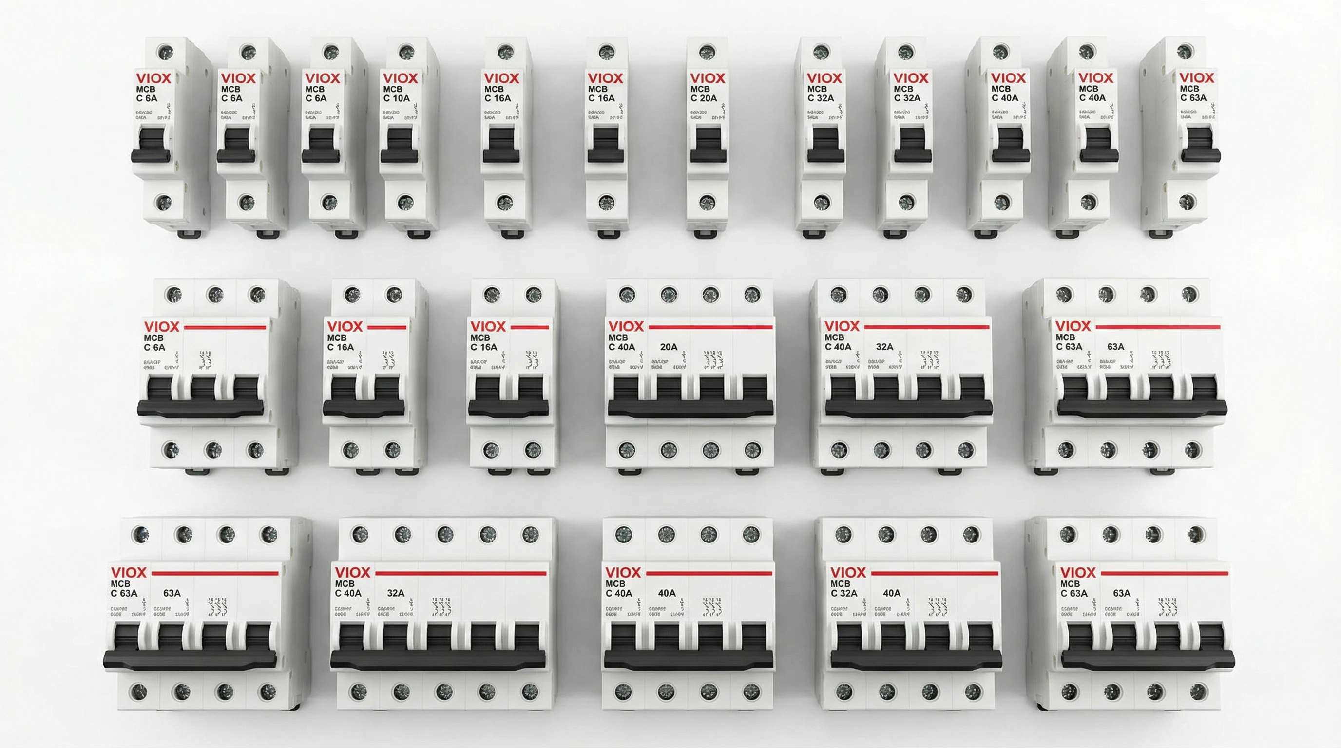 စက်မှုလုပ်ငန်းသုံးများအတွက် အမျိုးမျိုးသော လျှပ်စီးကြောင်းနှုန်းများနှင့် ဝင်ရိုးပုံစံများကို ပြသထားသော VIOX MCB ထုတ်ကုန်များ၏ အပြည့်အစုံ