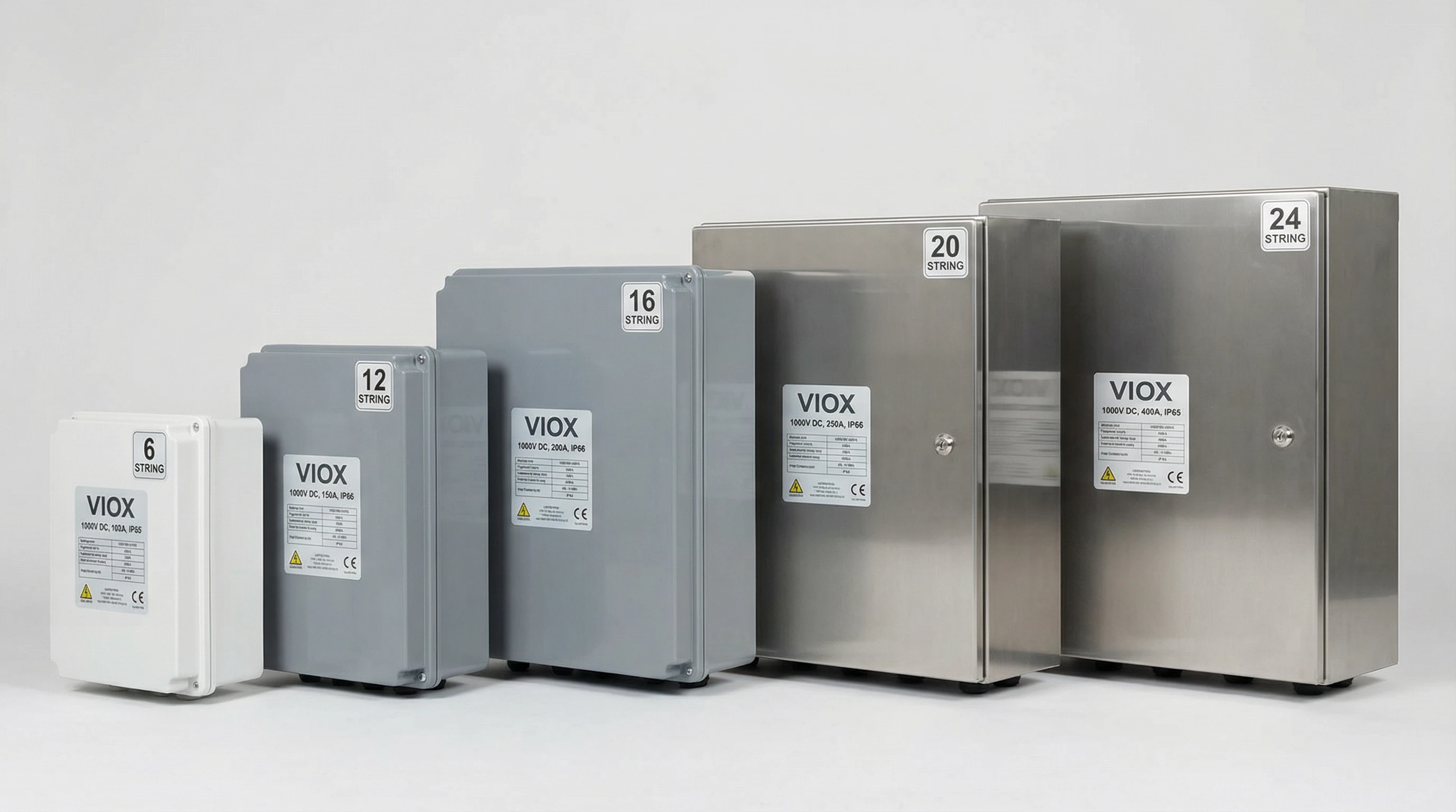 مجموعة منتجات صندوق تجميع الطاقة الشمسية VIOX الكاملة التي تعرض نماذج 1000 فولت تيار مستمر بتصنيفات IP65 IP66 للتركيبات الكهروضوئية التجارية واسعة النطاق