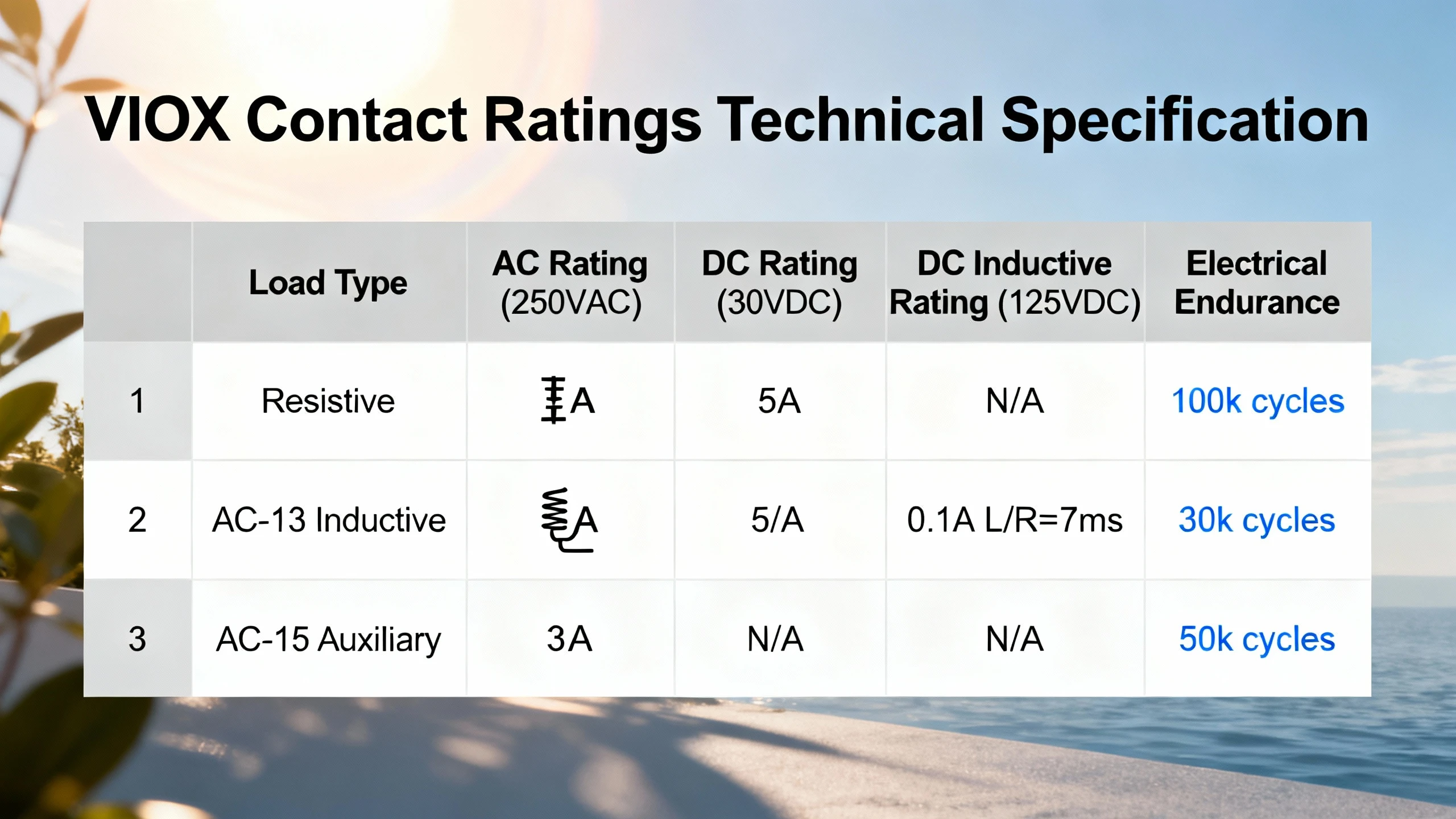 Contact ratings specification table